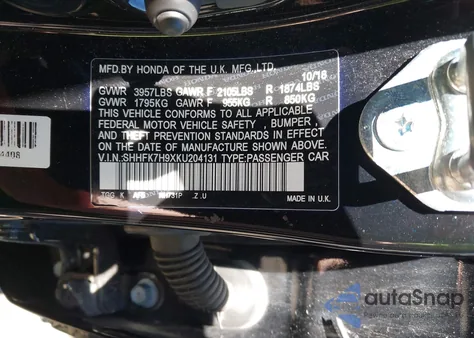 2019 Honda Civic Sport Touring из США, поврежденный, VIN SHHFK7H9XKU204131